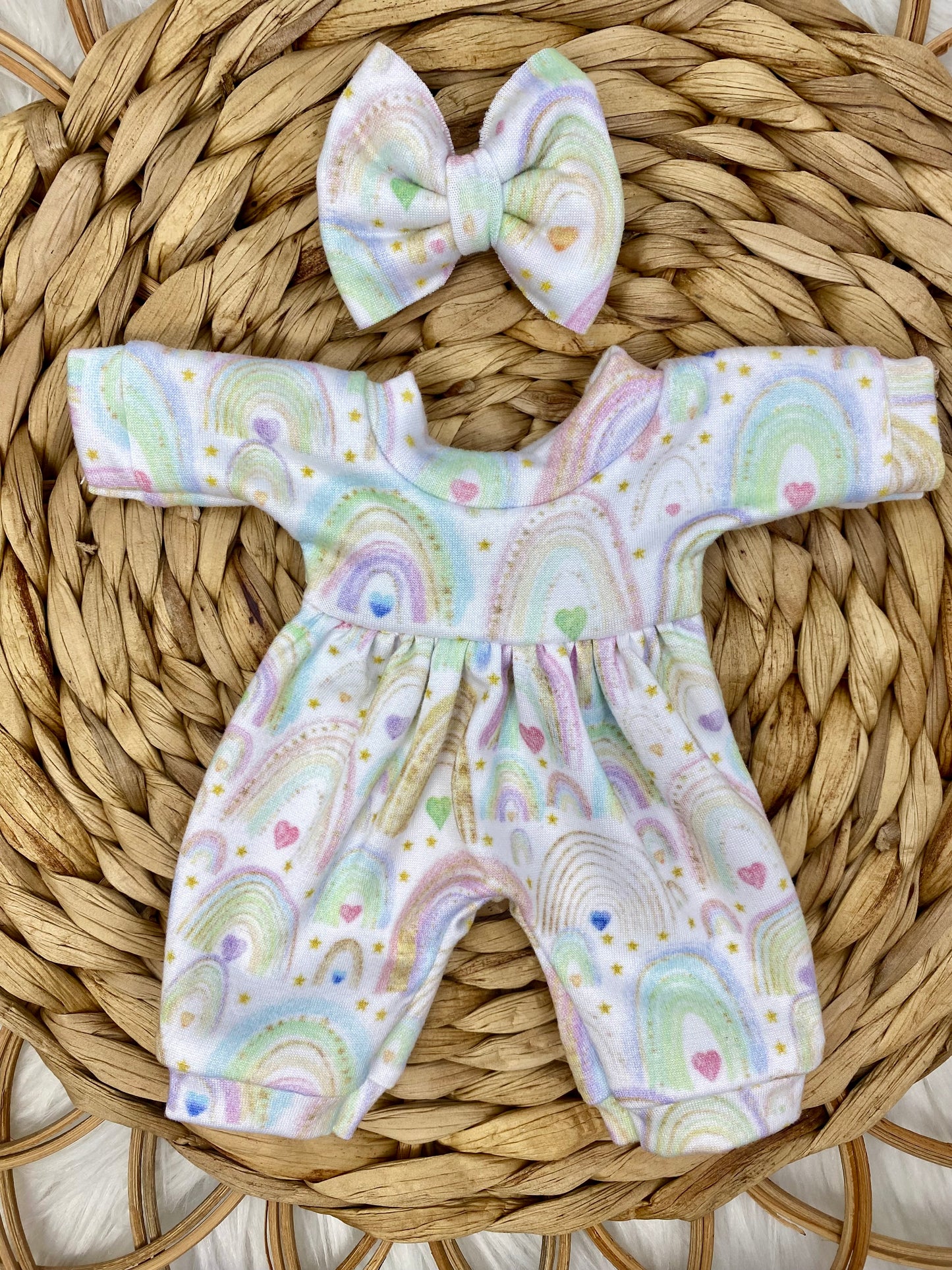 Mia Rainbow Long Sleeve Bubble Romper and 2” Bow Clip