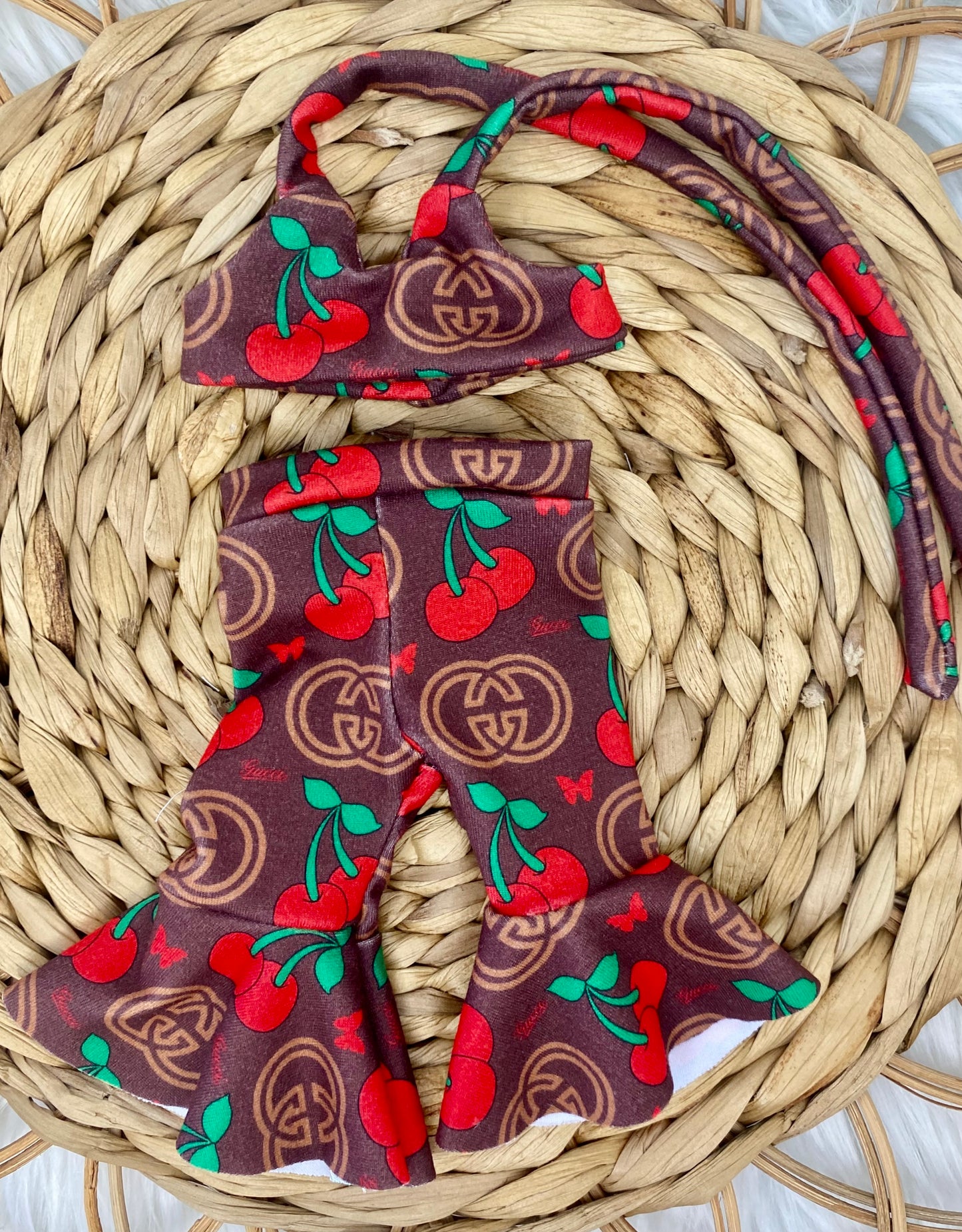 Mia GG Cherries Crop Top/Bell Bottom Pants and Tie on Headband