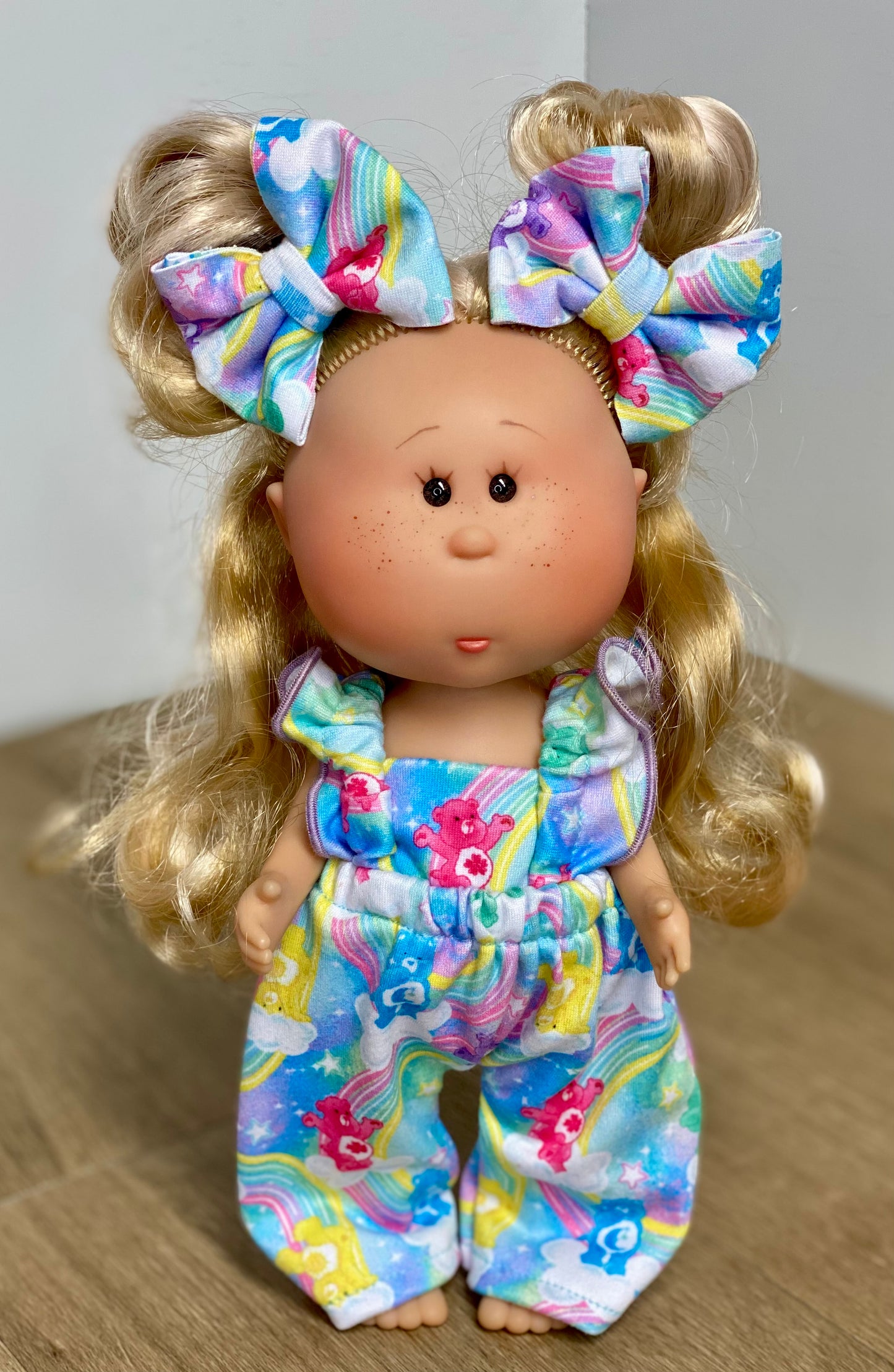 Mia Bears on Clouds Ruffle Strap Romper and 2” Piggy Bow Clip Set