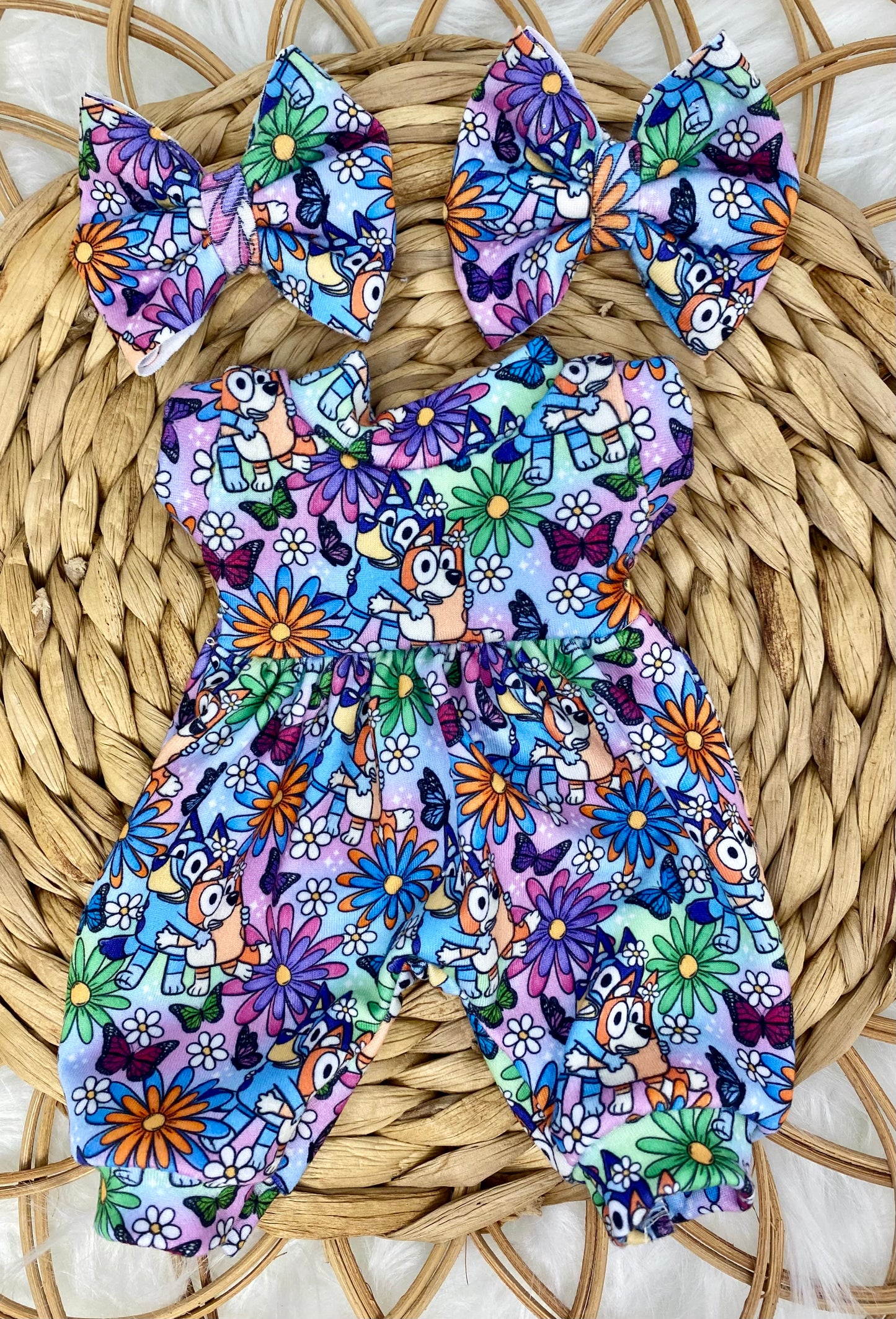 Mia Floral Blue and Orange Heelers Tank Sleeve Bubble Romper and 3” piggy Bow Set