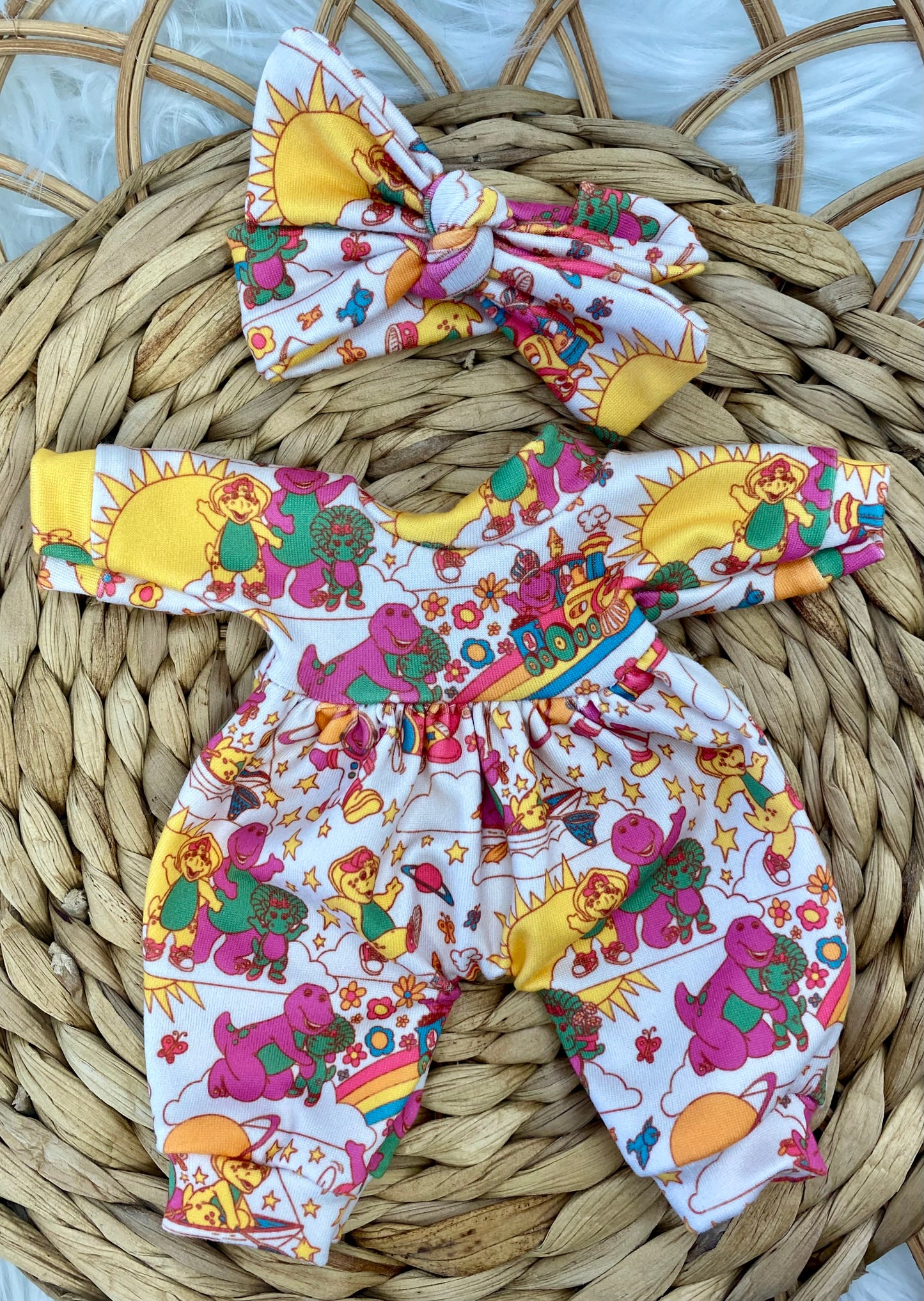 Mia Purple Dinosaur Long Sleeve Bubble Romper and Tie On Headband