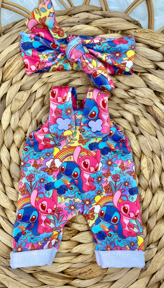Mia Blue and Pink Aliens Overalls and Tie On Headband