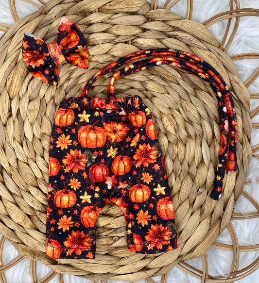 Mia Pumpkin Halter Romper And 2” Bow Clip