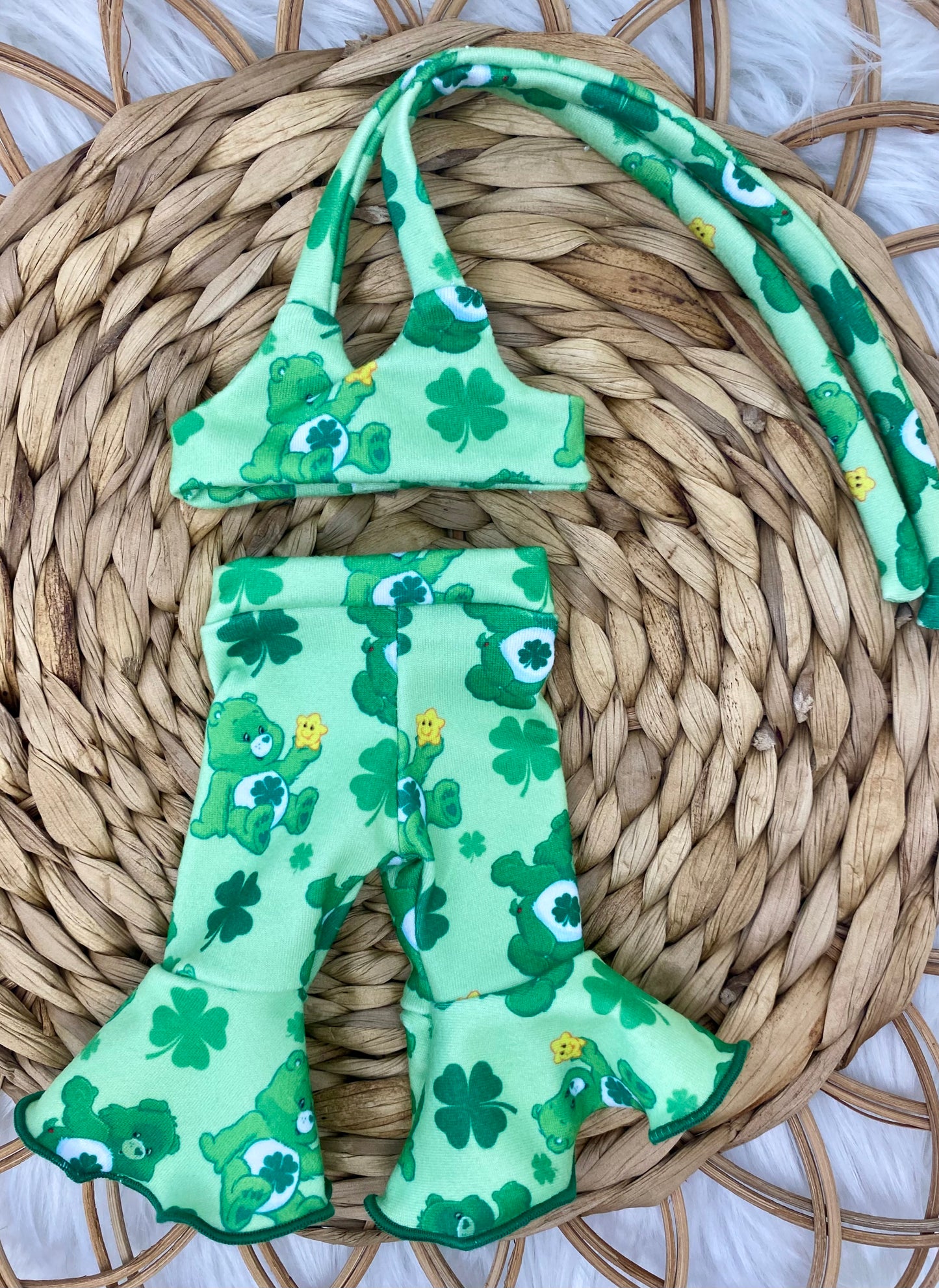 Mia Lucky Bears Crop Top/Bell Bottom Pants and 3” Bow Clip