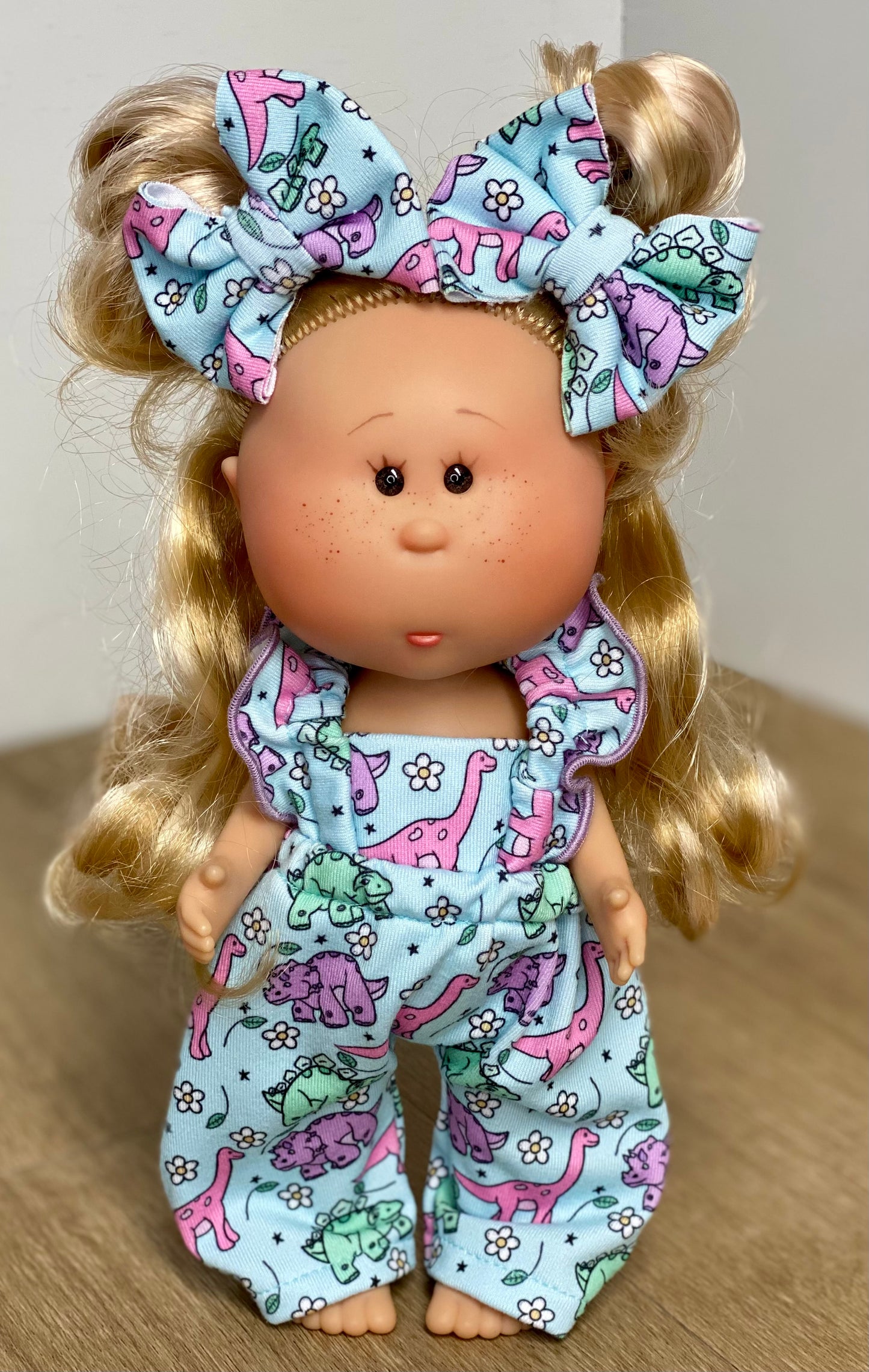 Mia Floral Dinos Ruffle Strap Romper and 2” Piggy Bow Clip Set