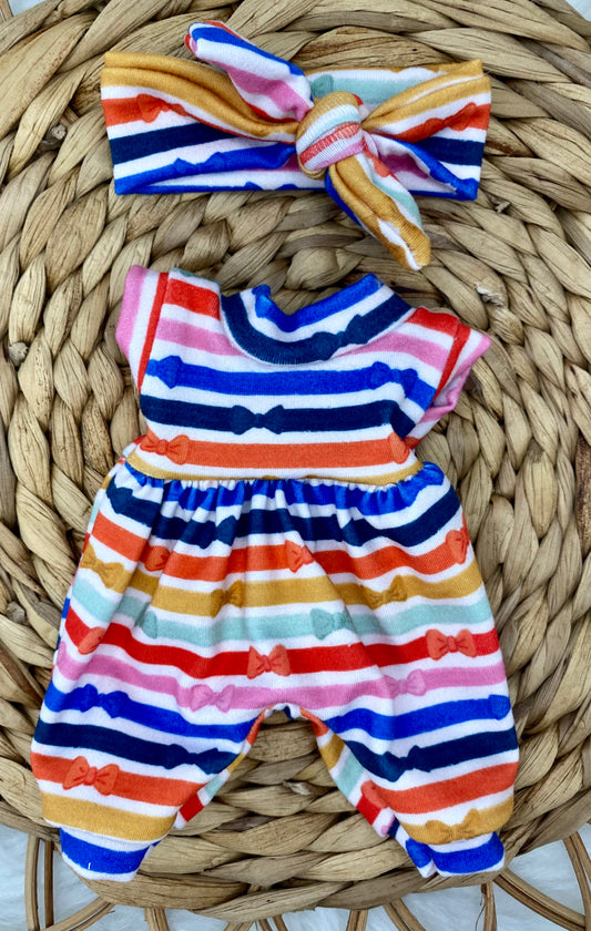 Mia Striped Bows Tank Sleeve Bubble Romper and Tie On Headband