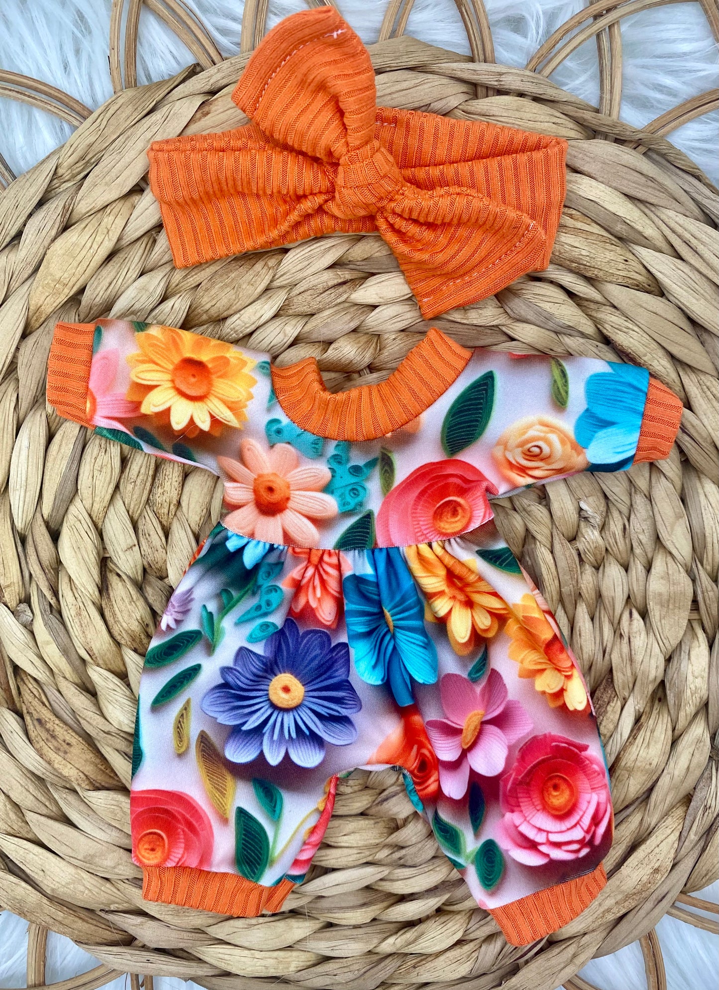 Mia 3D Flowers Long Sleeve Bubble Romper and Tie On Headband