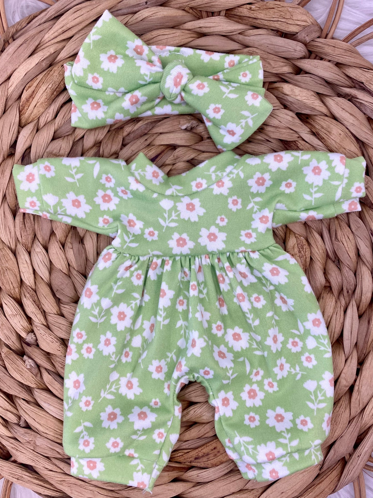 Mia Green and White Floral Long Sleeve Bubble Romper and Tie On Headband