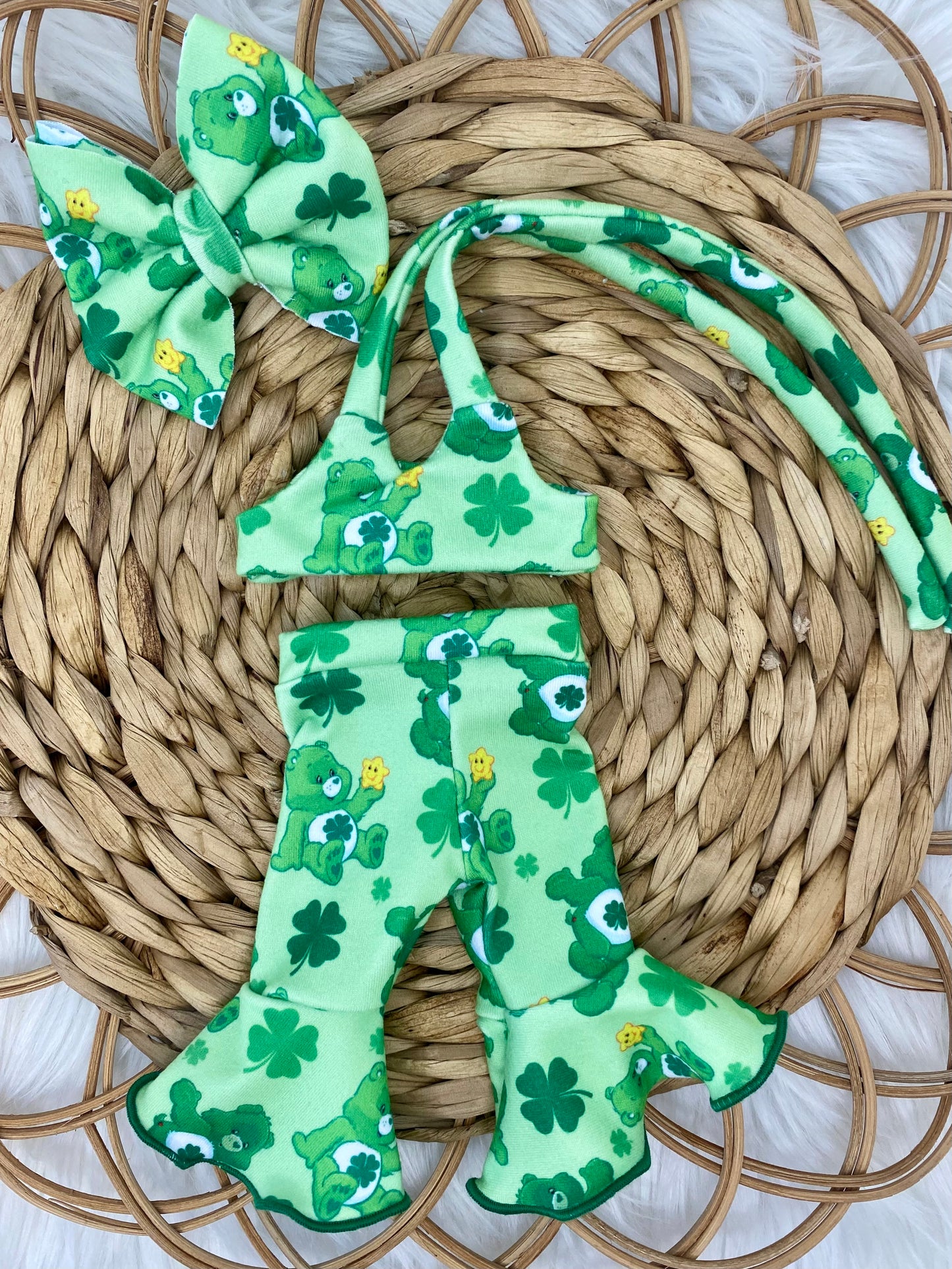 Mia Lucky Bears Crop Top/Bell Bottom Pants and 3” Bow Clip