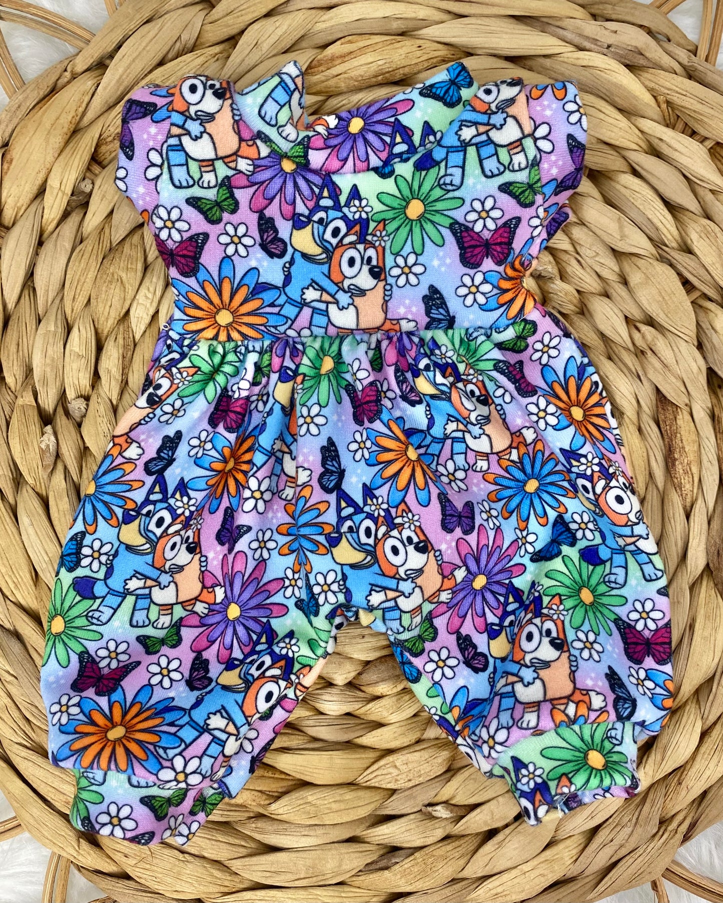 Mia Floral Blue and Orange Heelers Tank Sleeve Bubble Romper and 3” piggy Bow Set