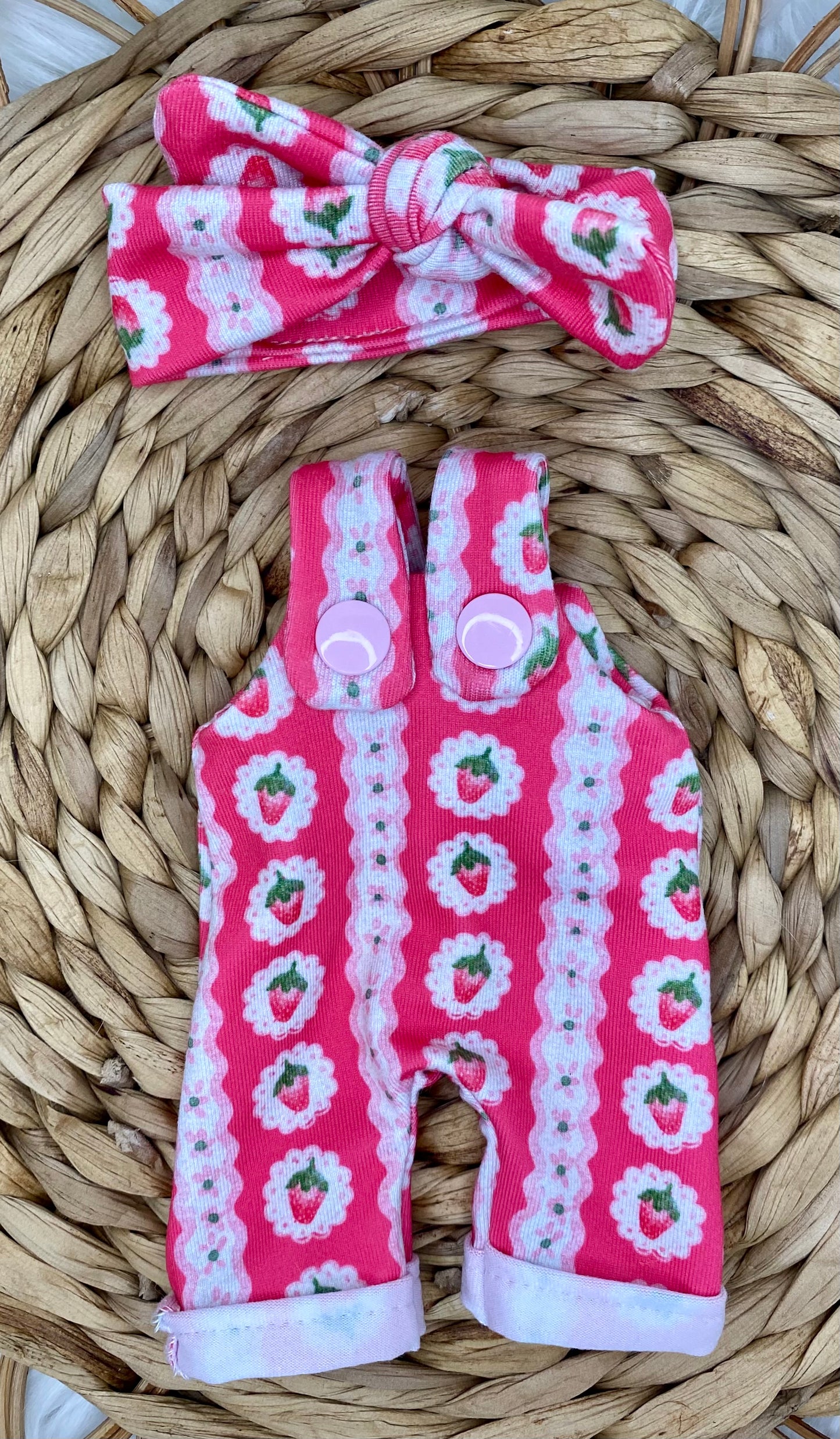 Mia Scalloped Strawberry Overalls and Tie On Headband