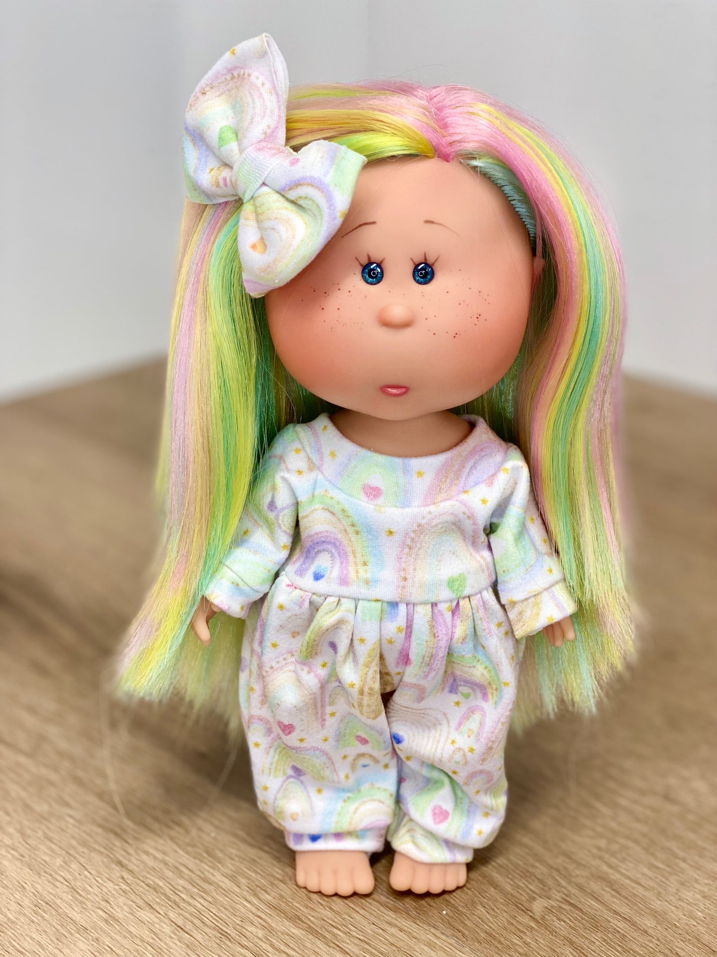 Mia Rainbow Long Sleeve Bubble Romper and 2” Bow Clip
