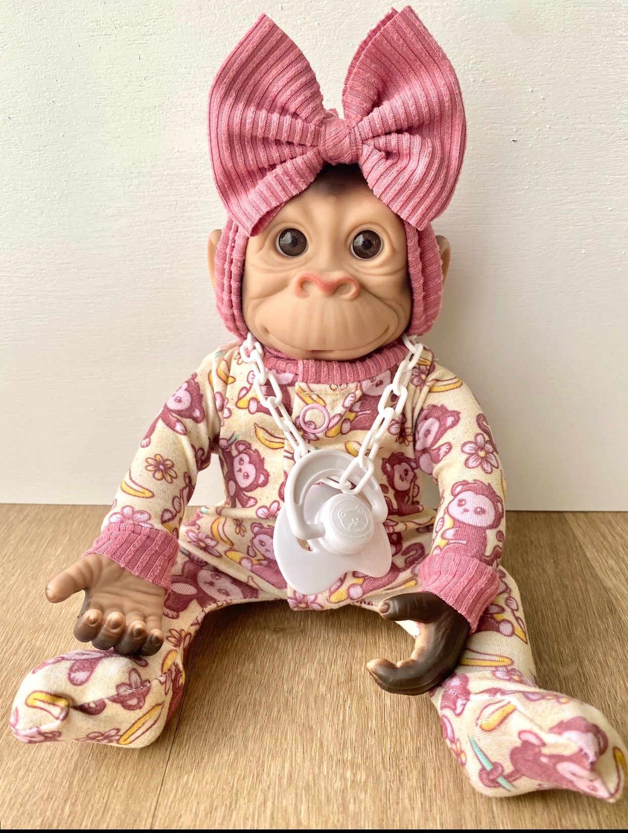 Baby Monkey in Handmade Pajamas and Bow