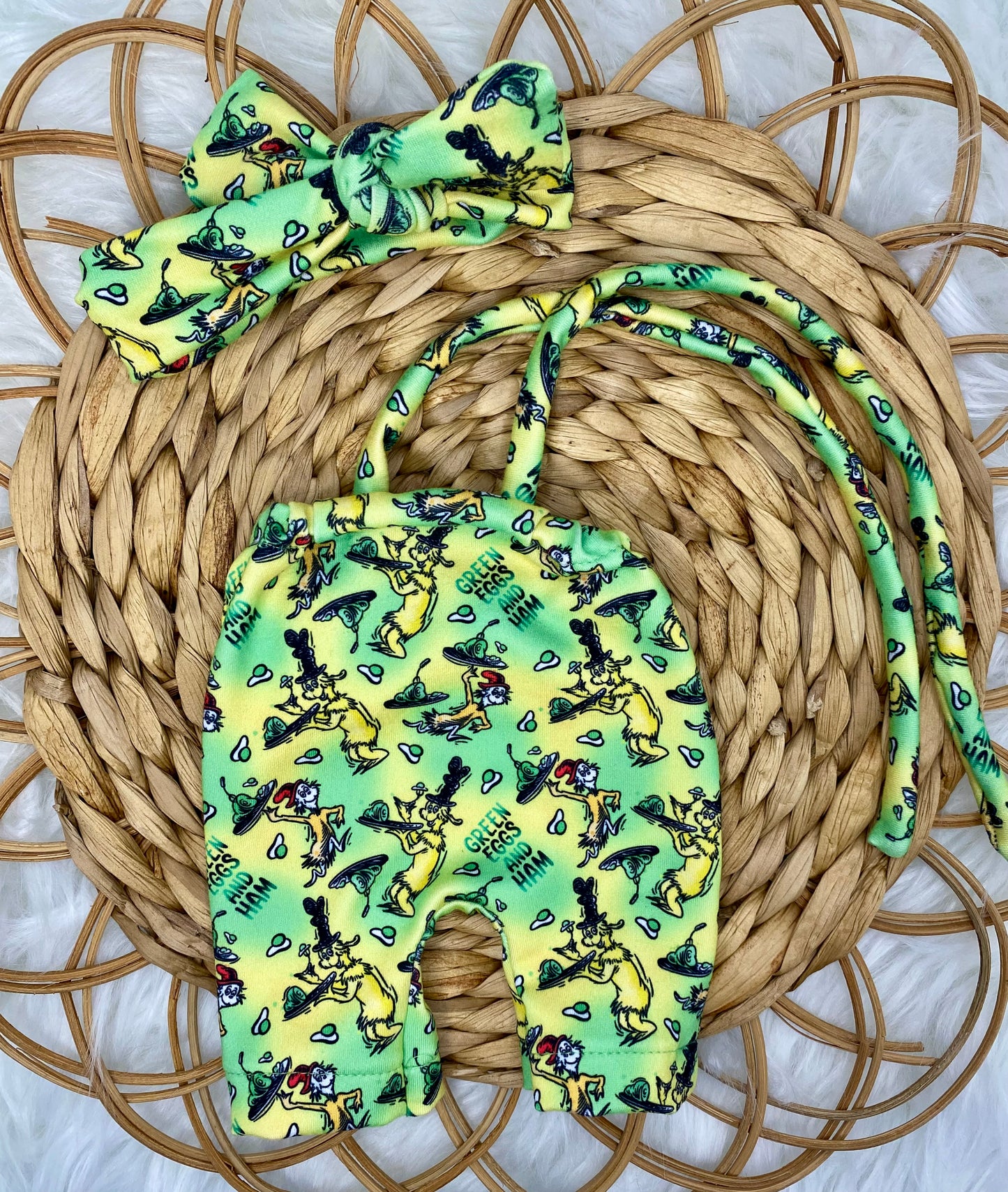 Mia Green Eggs and Ham Halter Romper And Tie On Headband