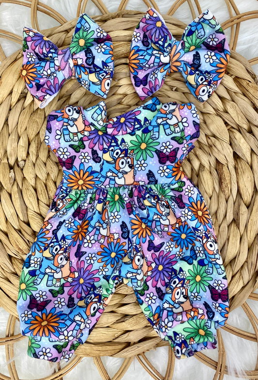 Mia Floral Blue and Orange Heelers Tank Sleeve Bubble Romper and 3” piggy Bow Set