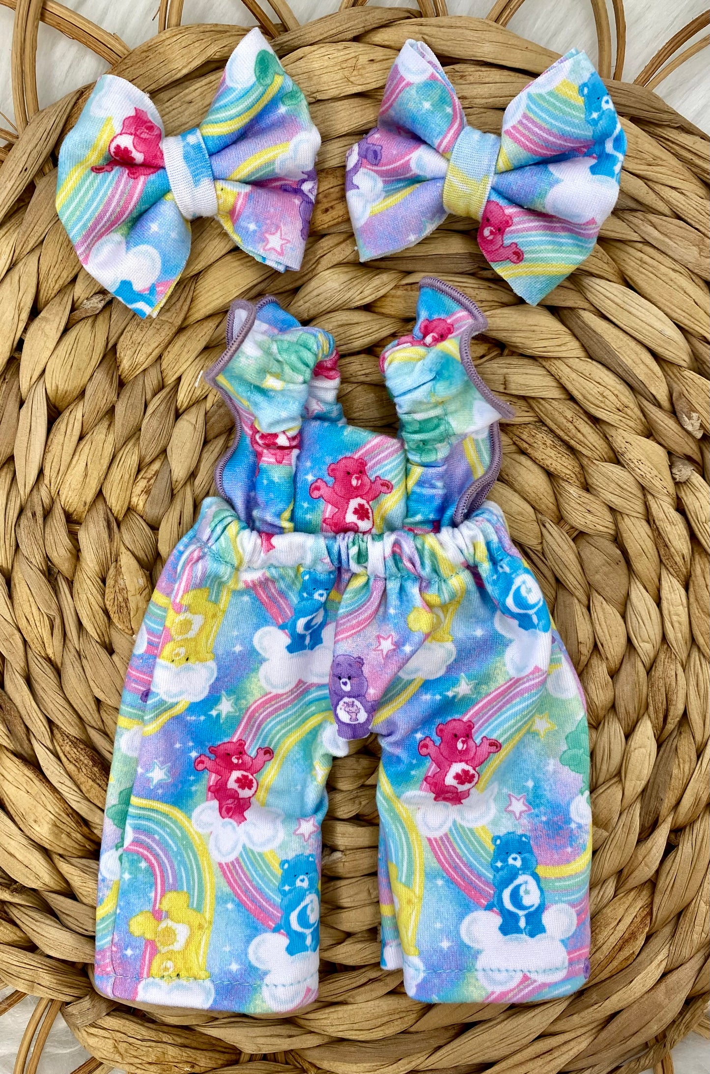 Mia Bears on Clouds Ruffle Strap Romper and 2” Piggy Bow Clip Set