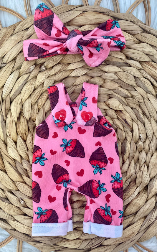 Mia Chocolate Strawberry Overalls and Tie On Headband