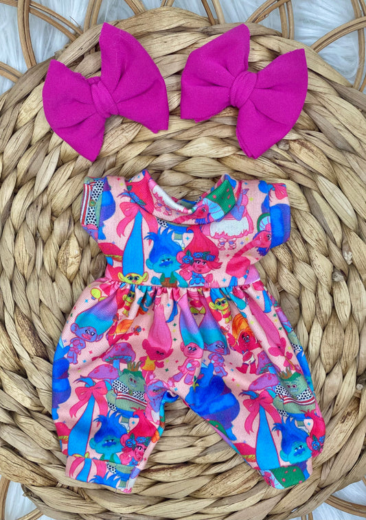 Mia Troll Friends Tank Sleeve Bubble Romper And 2” Piggy Bow Clips