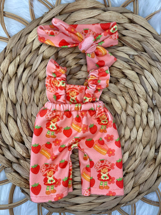 Mia SS Strawberries and Shortcakes Ruffle Strap Romper and Tie on Headband