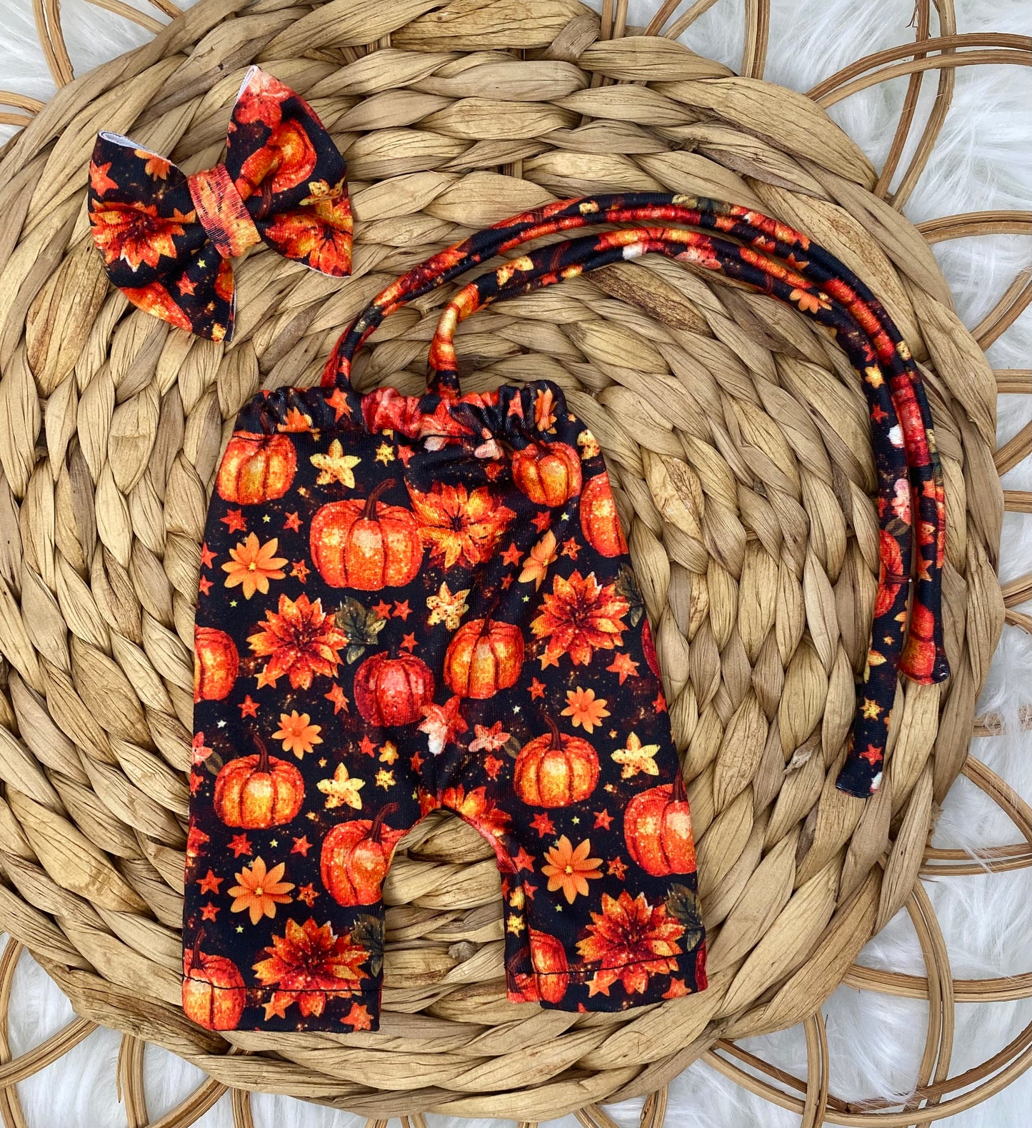 Mia Pumpkin Halter Romper And 2” Bow Clip