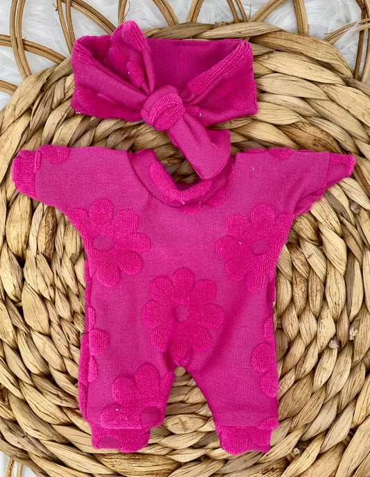 Mia Pink Terry Retro Flower Romper & Tie On Headband