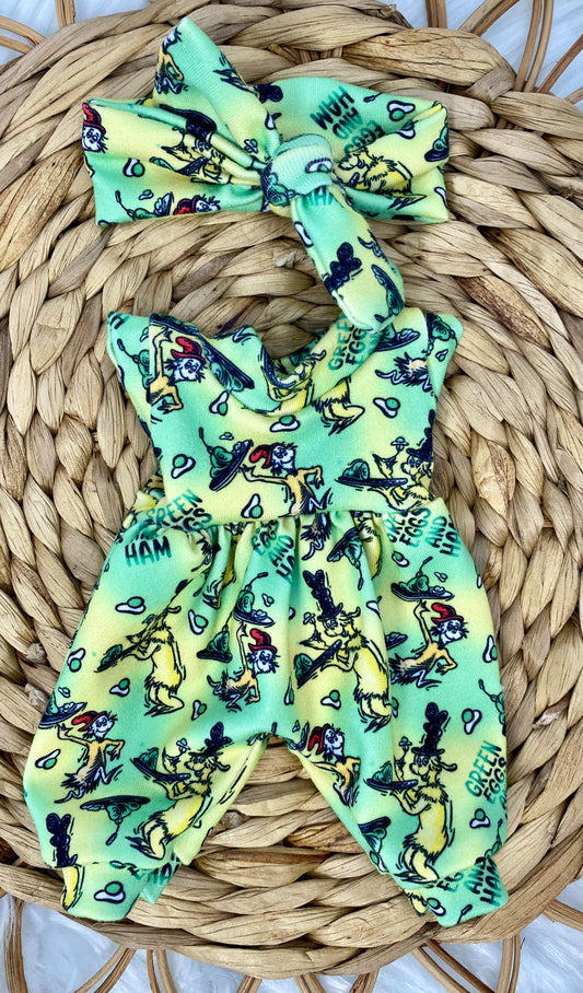 Mia Green Eggs and Ham Tank Sleeve Bubble Romper and Tie On Headband