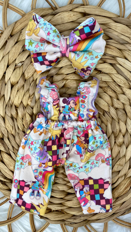 Mia Checkers and Mouse Friends Ruffle Strap Romper and 3” Bow Clip
