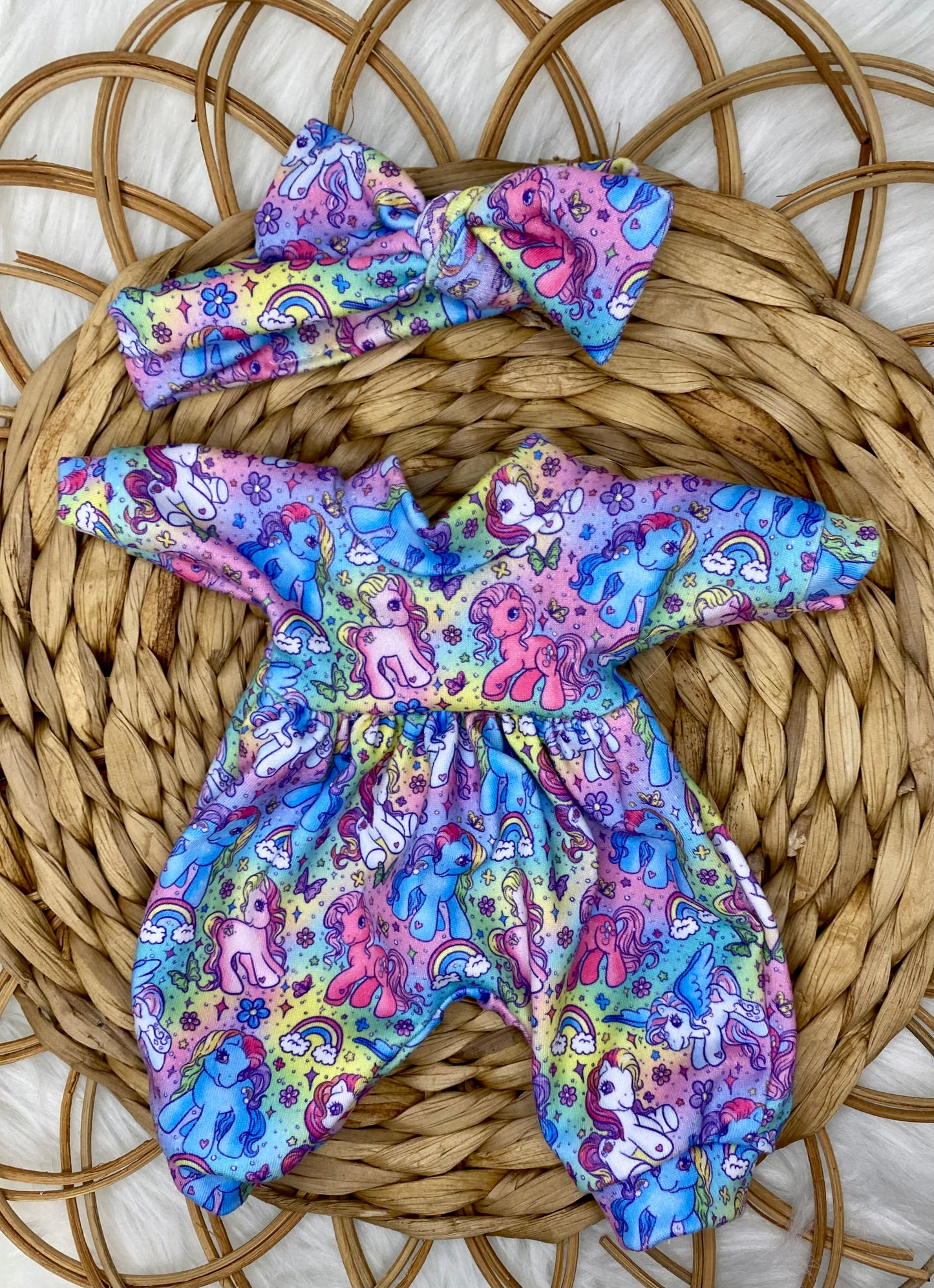Mia Colorful Ponies Long Sleeve Bubble Romper and Tie On Headband