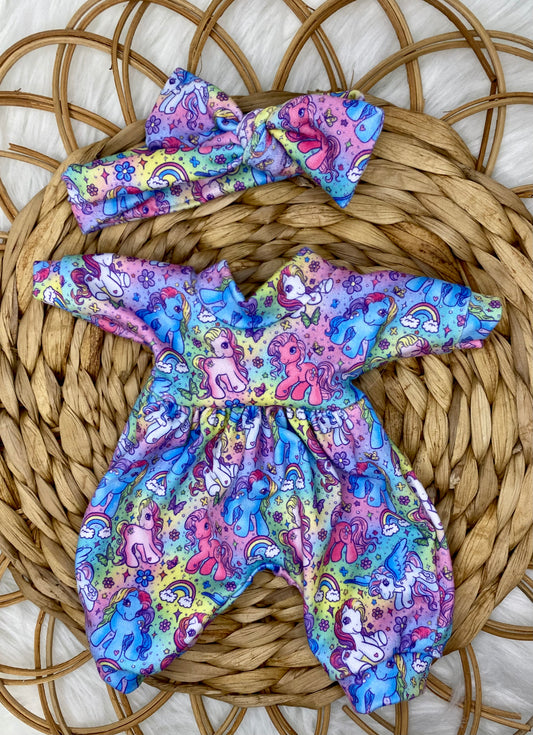 Mia Colorful Ponies Long Sleeve Bubble Romper and Tie On Headband