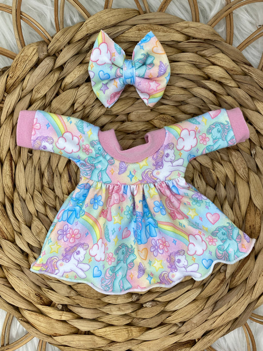 Mia Rainbow Ponies long Sleeve Dress and 2” Bow Clip