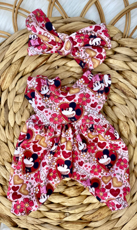 Mia Vday Mice Tank Sleeve Bubble Romper and Tie On Headband