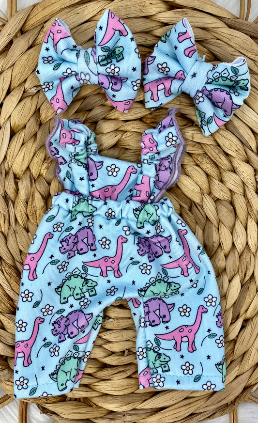 Mia Floral Dinos Ruffle Strap Romper and 2” Piggy Bow Clip Set