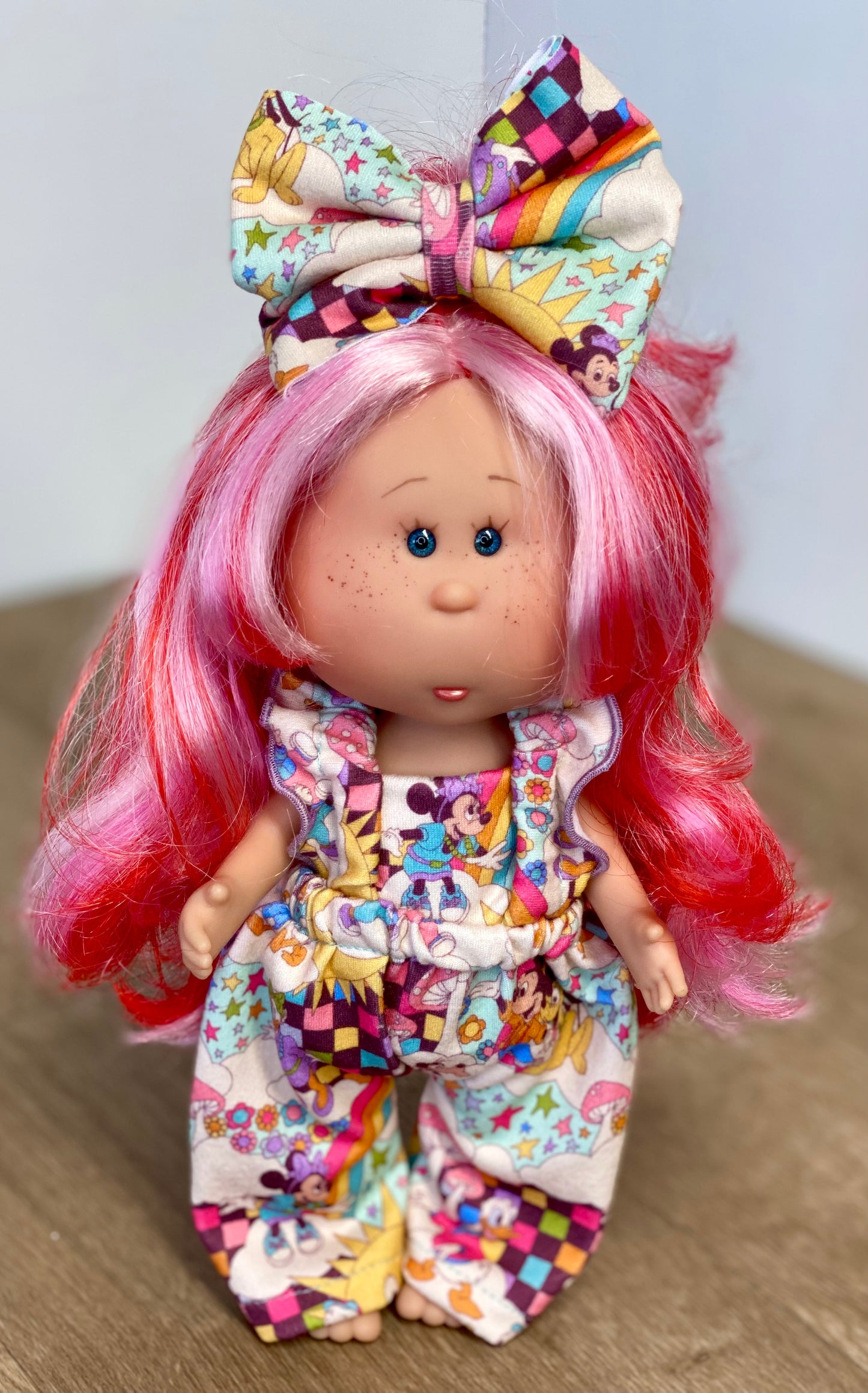 Mia Checkers and Mouse Friends Ruffle Strap Romper and 3” Bow Clip