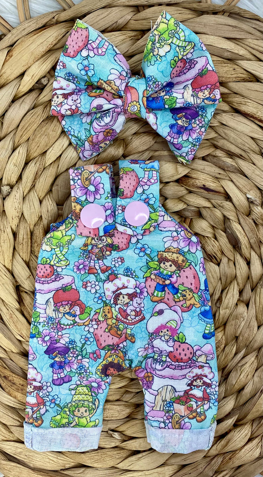 Mia Mint Strawberry Friends Overalls and 3” Bow Clip