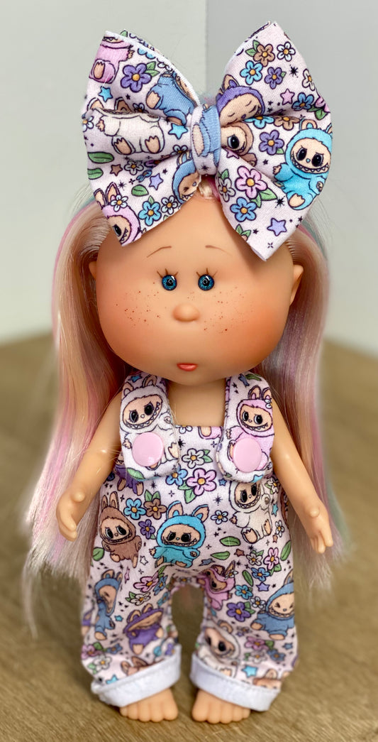 Mia Labubu Flowers Overalls and 3” Bow Clip