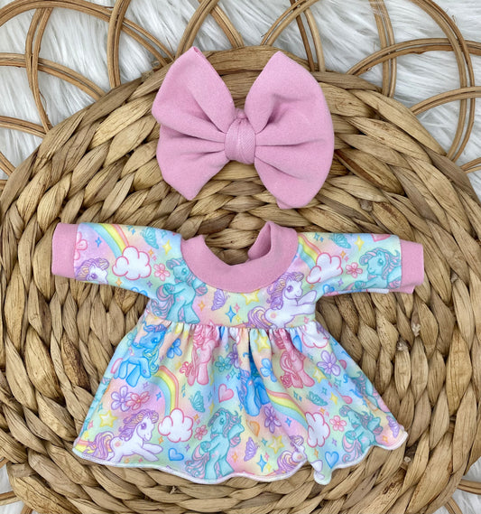 Mia Rainbow Ponies long Sleeve Dress and 3” Bow Clip