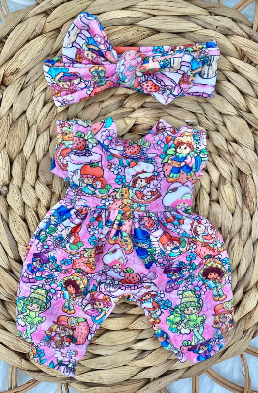 Mia Strawberry Friends Tank Sleeve Bubble Romper and Tie On Headband