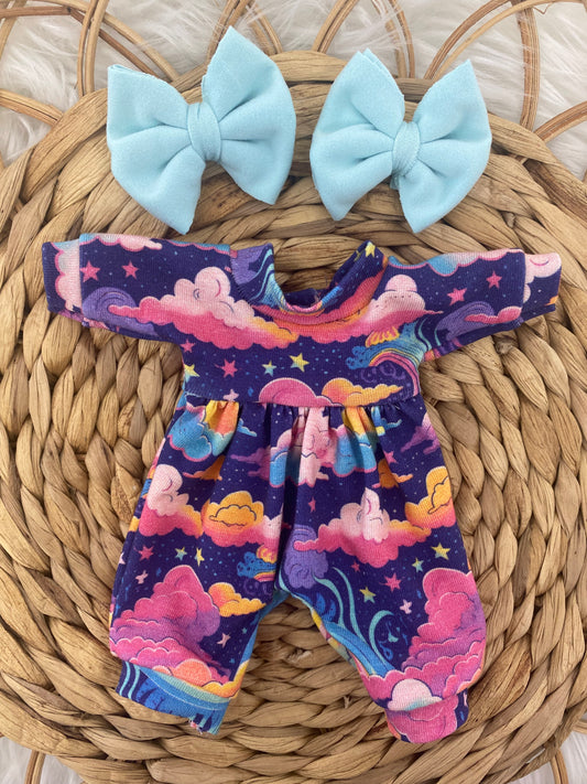 Mia Rainbow Galaxy  Long Sleeve Bubble Romper And 2” Piggy Bow Clips