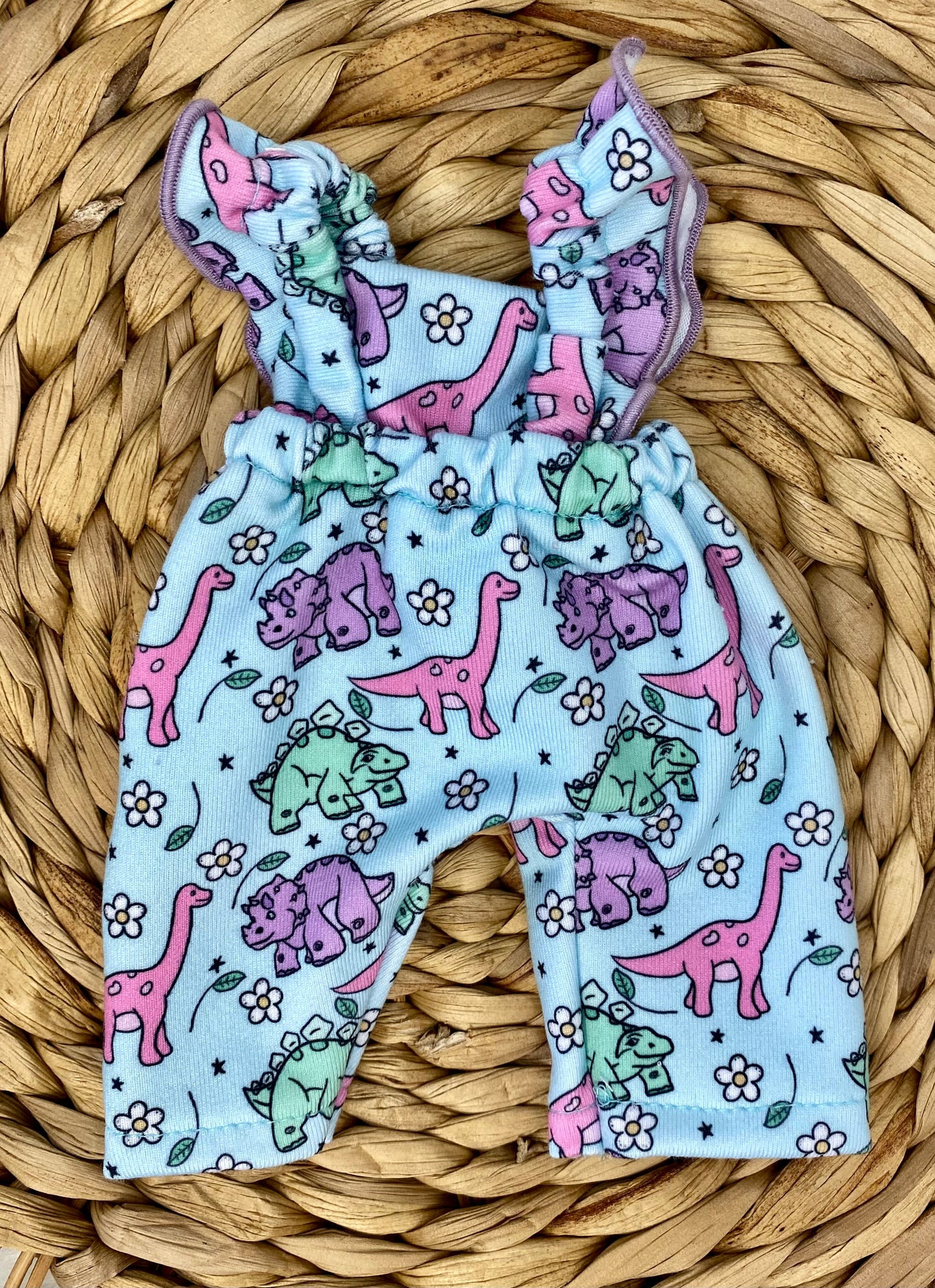 Mia Floral Dinos Ruffle Strap Romper and 2” Piggy Bow Clip Set